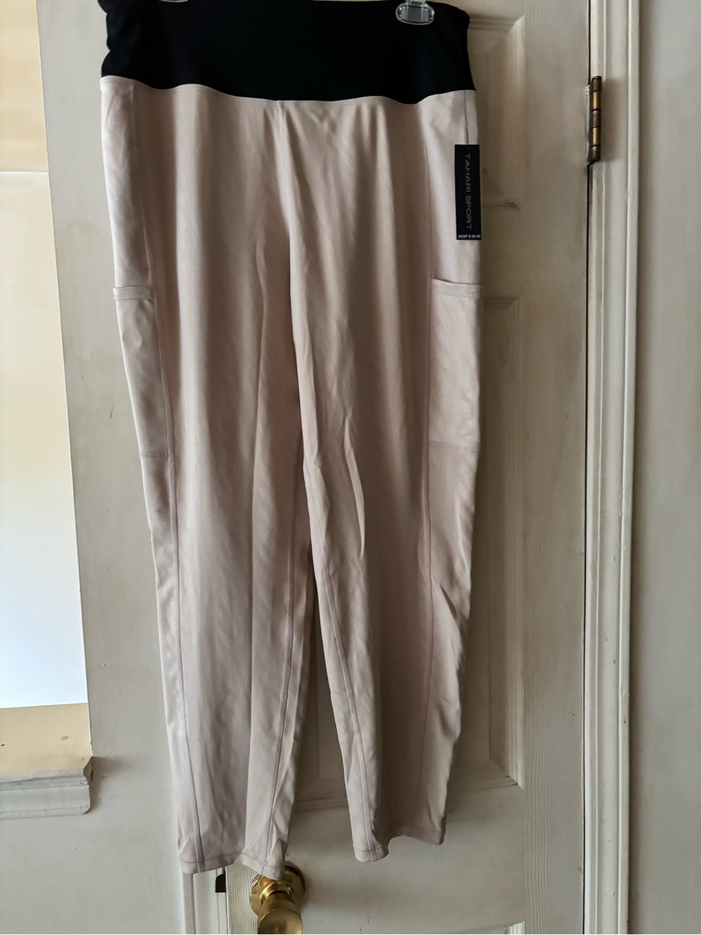 Women’s Light Beige Joggers with Black Stretch Waistband Pockets Tahari Sport